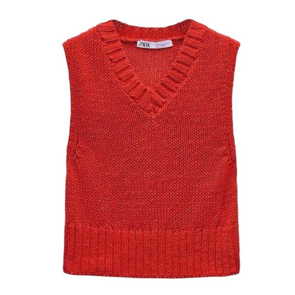 Zara Sweaters - ZARA Knit Crop Top Vest Sz.L Red V-neck Sleeveless Minimalist Y2K Layering